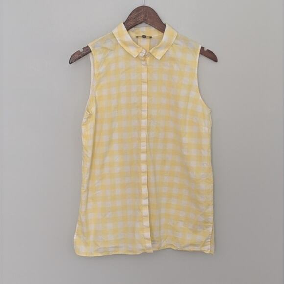 Women's Lafayette 148 Yellow Gingham Tank Button Up Small Cotton Spandex - Picture 1 of 9